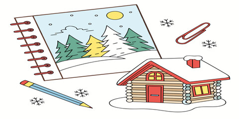 A charming winter scene with a cozy house and festive decorations. Vector © RABBY