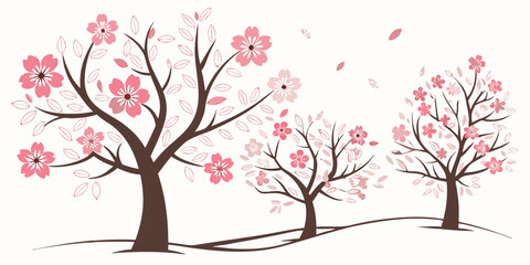 Obraz premium Three bare trees with pink blossoms in a row against a white background Vector