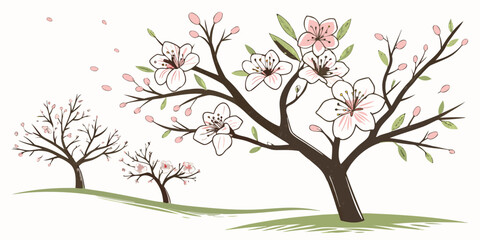 A beautiful cherry blossom tree with pink flowers in full bloom during springtime. Vector