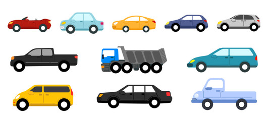 Fototapeta premium Collection of various colorful cars and trucks from a side profile view in a clean flat vector illustration style.