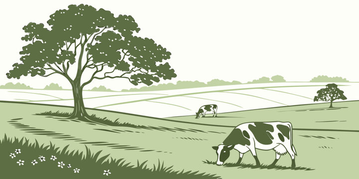 Cows grazing in a lush green field with a large tree and a distant hill Vector