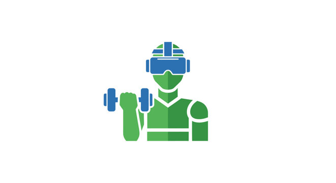 Man wearing VR headset lifting dumbbell.