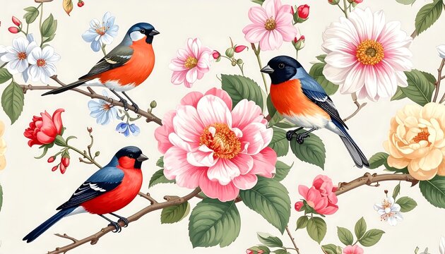 Bird & floral pattern 3 birds perch on branches amidst various pink, white, red & yellow flowers against cream backdrop