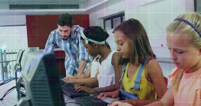 Animation of data processing over diverse schoolchildren with teacher
