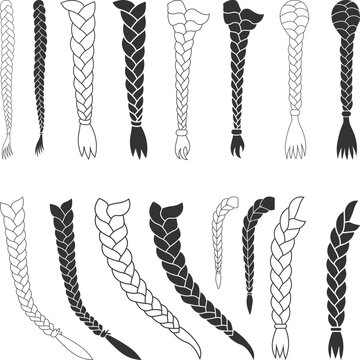 Braided Hair Styles Illustration Set Silhouette, Women's Hair Braided SVG, Fashion Hair Braided Bundle Silhouette, voluminous braids on long hair vector illustration