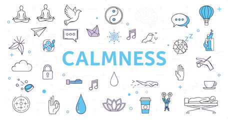 Fototapeta premium Calmness and Relaxation Icons Set Featuring Meditation, Music, Sleep, Peace, and Tranquil Elements in Outline Style