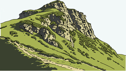 A majestic mountain peak with lush green vegetation and a clear blue sky in the background Vector © RABBY