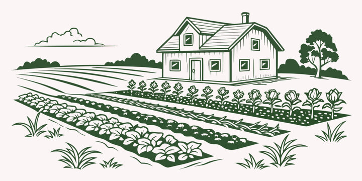 A picturesque countryside scene with a farmhouse and rolling hills. Vector