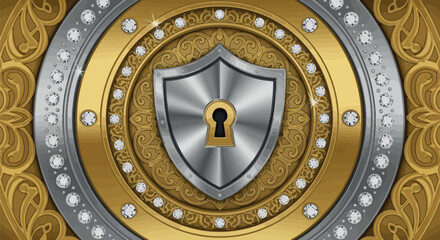 Ornate golden shield design featuring a prominent metallic security keyhole emblem