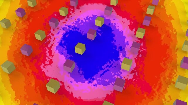 Animation of rows of 3d cubes shapes moving over multi coloured background