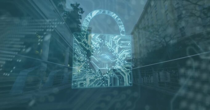 Animation of security padlock icon, world map, data processing against people walking on city bridge