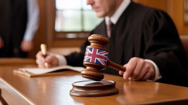 Judge in a courtroom holding a gavel with the United Kingdom flag on it
