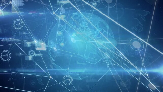 Animation of globe with connections and data processing on black background