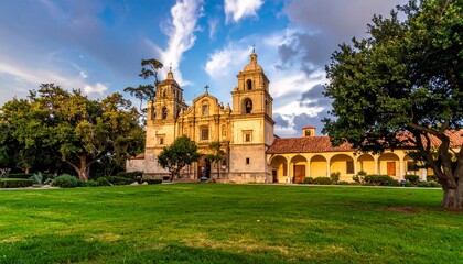 Fototapeta premium Historic Spanish-style mission building with symmetrical facade, two bell towers, central entrance, surrounded by gardens with colorful flowers and green lawns, paved walkway leading to entrance, part