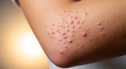 Fototapeta premium Close up of red bumps and pimples on human skin elbow acne