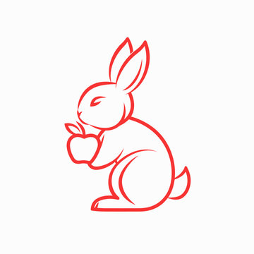 Red rabbit holding apple vector illustration on white background