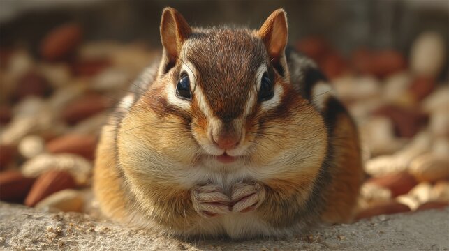 Adorable Chipmunk with Extremely Puffed Cheeks Full of Gathered Sustenance, A Close-Up Wildlife Portrait