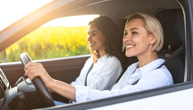 Two smiling women in a car during daytime, bathed in golden sunlight, driving past a field