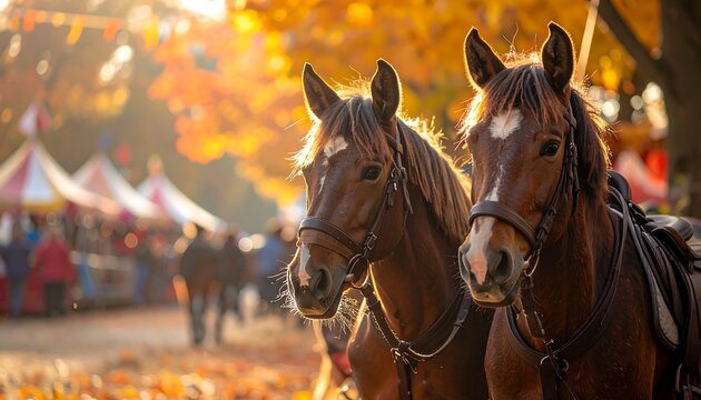 Two horses stand out in autumn light, with a blurry background of festive tents and people in the distance