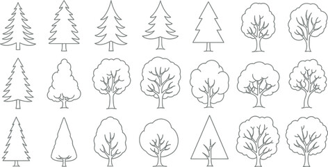 Collection of diverse stylized black outline drawings representing various deciduous and coniferous trees © Malik 