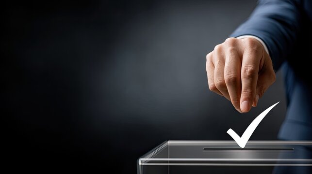 Businessman uses a fingertip to select check marks on virtual boxes above a transparent surface, engaging with digital documents and forms.