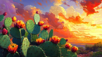 Naklejka premium Prickly pear cacti blooms against a vibrant sunset; travel, nature, landscape