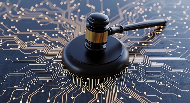 Gavel resting on a circuit board symbolizing technology and law convergence