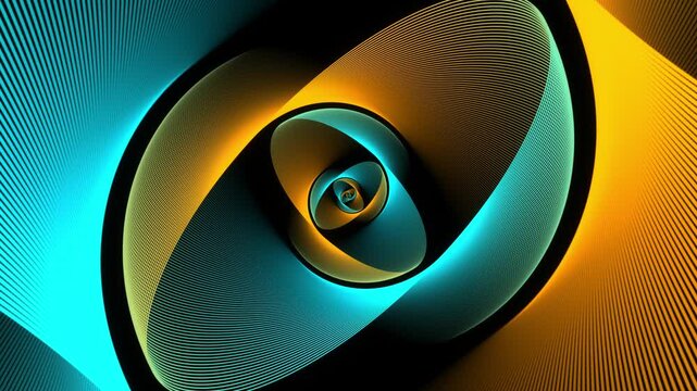 Minimal thin fluorescent spiral in infinite rotation. Funky holographic backdrop in retro style. Shiny fibonacci swirl in orange and turquoise neon colors. Seamless loop animation.