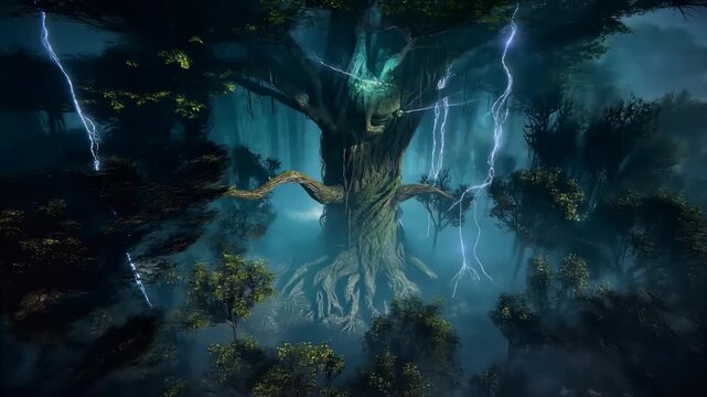 Mystical tree with glowing aura in stormy forest.