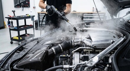 Detailer steam cleaning a high-performance car engine