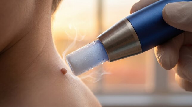 Pediatric dermatologist using ultrasonic cooling tool on skin
