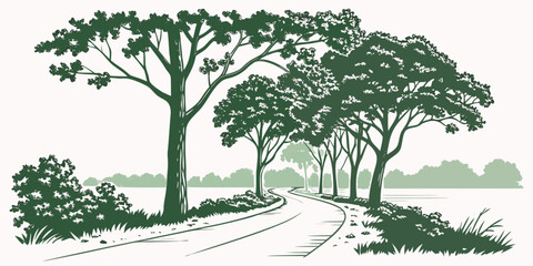 Obraz premium A serene park scene with a winding path and lush green trees. Vector