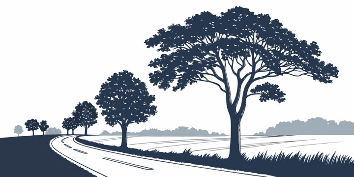 two trees standing on a hill with a mountain in the background Vector