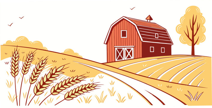 a white house with a red roof sits in a wheat field Vector