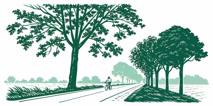 A serene landscape featuring three trees along a winding path. Vector