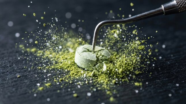 Matcha toothpaste tablet being crushed by dental tool