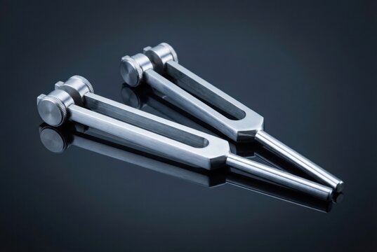 Two professional metal tuning forks on dark reflective surface
