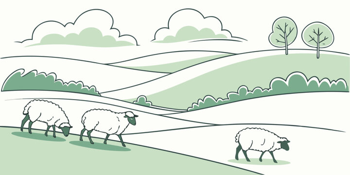 A serene landscape with rolling hills, trees, and grazing animals under a clear sky Vector