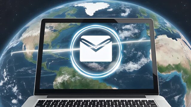A three-dimensionally rendered representation of a spherical world model with a brightly illuminated electronic mail icon hovering above a portable computer device