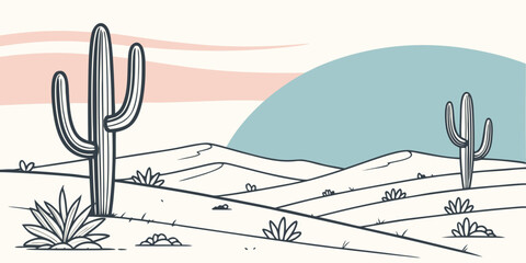 A serene desert landscape with cacti and a distant mountain range under a clear sky Vector © BOY