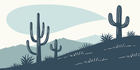 A serene desert landscape with cacti under a clear blue sky and fluffy clouds Vector © BOY