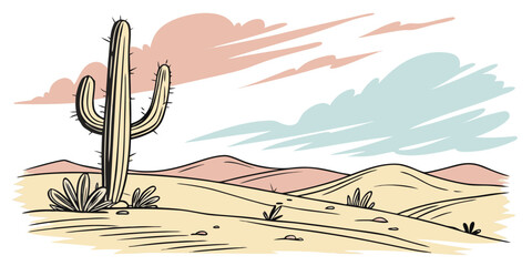 A lone cactus stands tall in a vast desert landscape under a cloudy sky. Vector © BOY