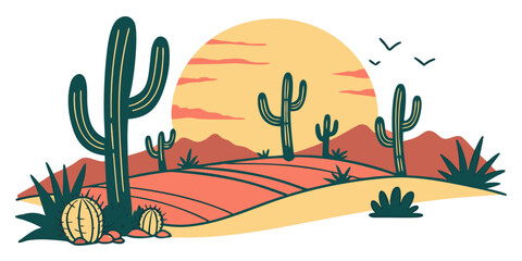 A serene desert landscape with cacti and a vibrant sunset sky Vector © BOY
