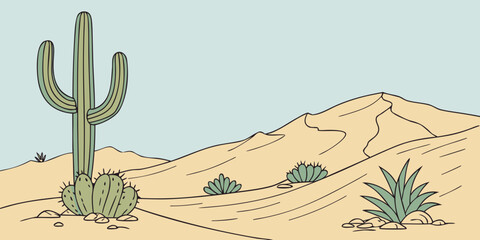 A lone cactus stands tall in a vast desert landscape with rolling hills and sparse vegetation. Vector © BOY