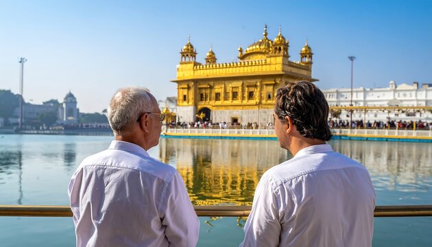Two people view a gilded temple reflected in a calm body of water under a bright blue sky