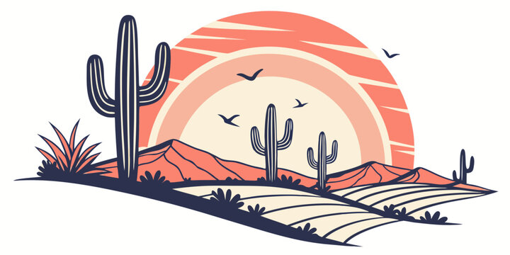 A serene desert landscape with a vibrant sunset and scattered cacti Vector