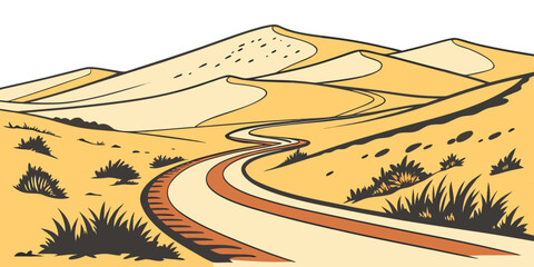 A winding road through a vast, arid landscape with sparse vegetation and rolling hills Vector © BOY