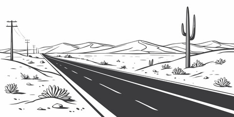 A solitary cactus stands tall on a vast, empty highway in a desert landscape. Vector © BOY
