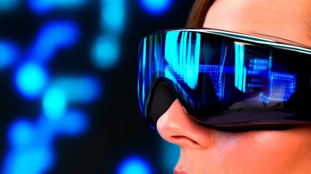 Futuristic Vision: A Close-Up of an Individual Wearing High-Tech Eyewear Against a Vibrant Digital Background of Graphical Interfaces and Blue Lights.