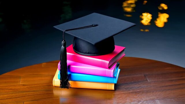 A Black Graduation Cap Resting on a Stack of Colorful Books, Symbolizing Academic Achievement and the Journey of Learning in a Serene Atmosphere